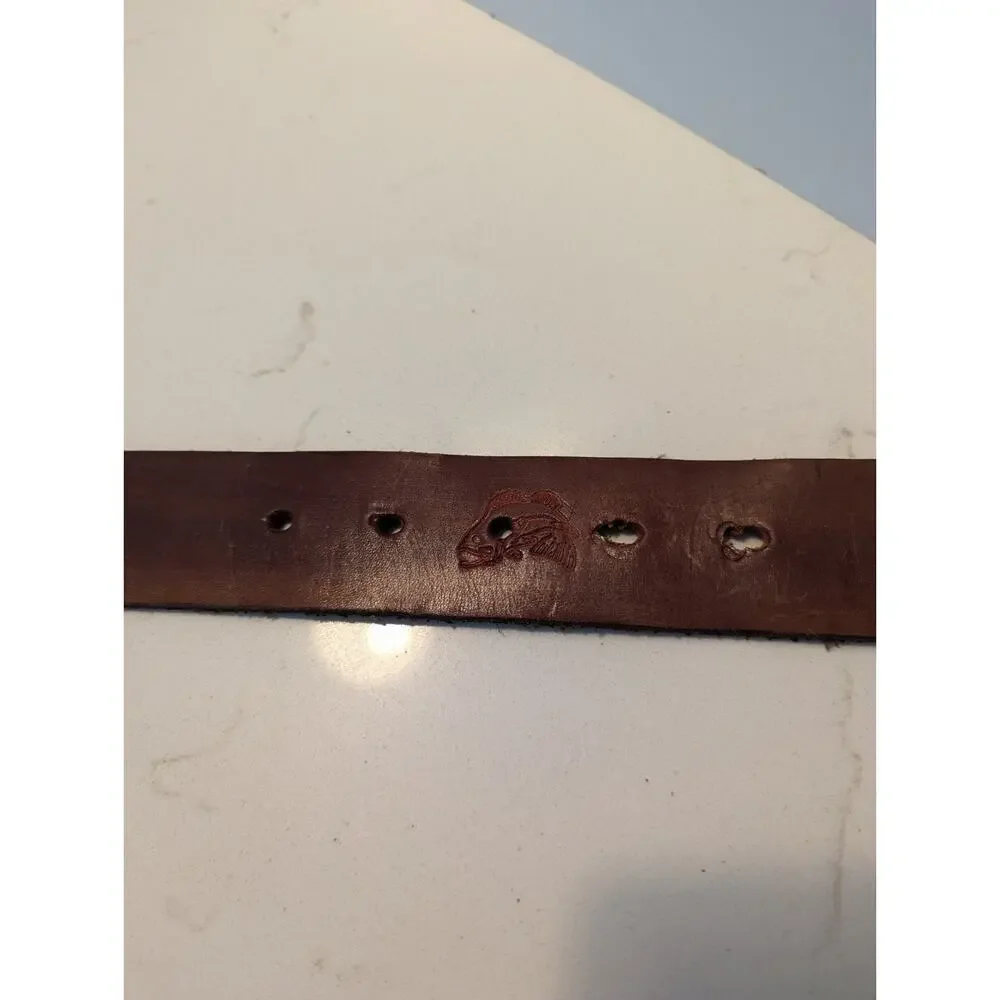 Men's Brown Leather Belt 36 Solid Brass Buckle Fish Embossed